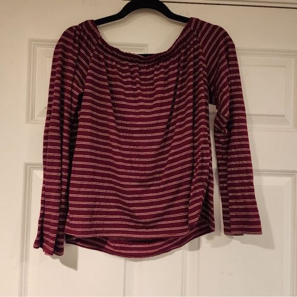 SO maroon and white striped off the shoulder long sleeve blouse L - Picture 3 of 3